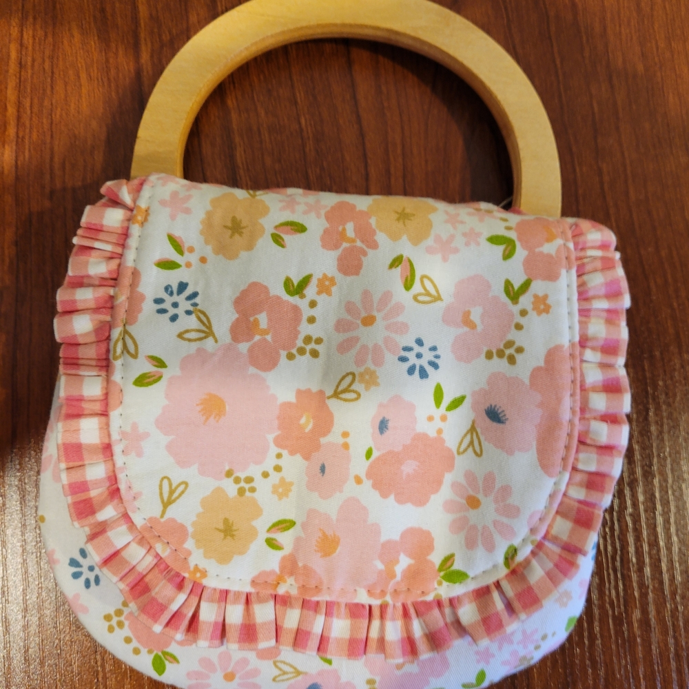 Little Girls Floral Pink and White Handbag with Wooden Handle